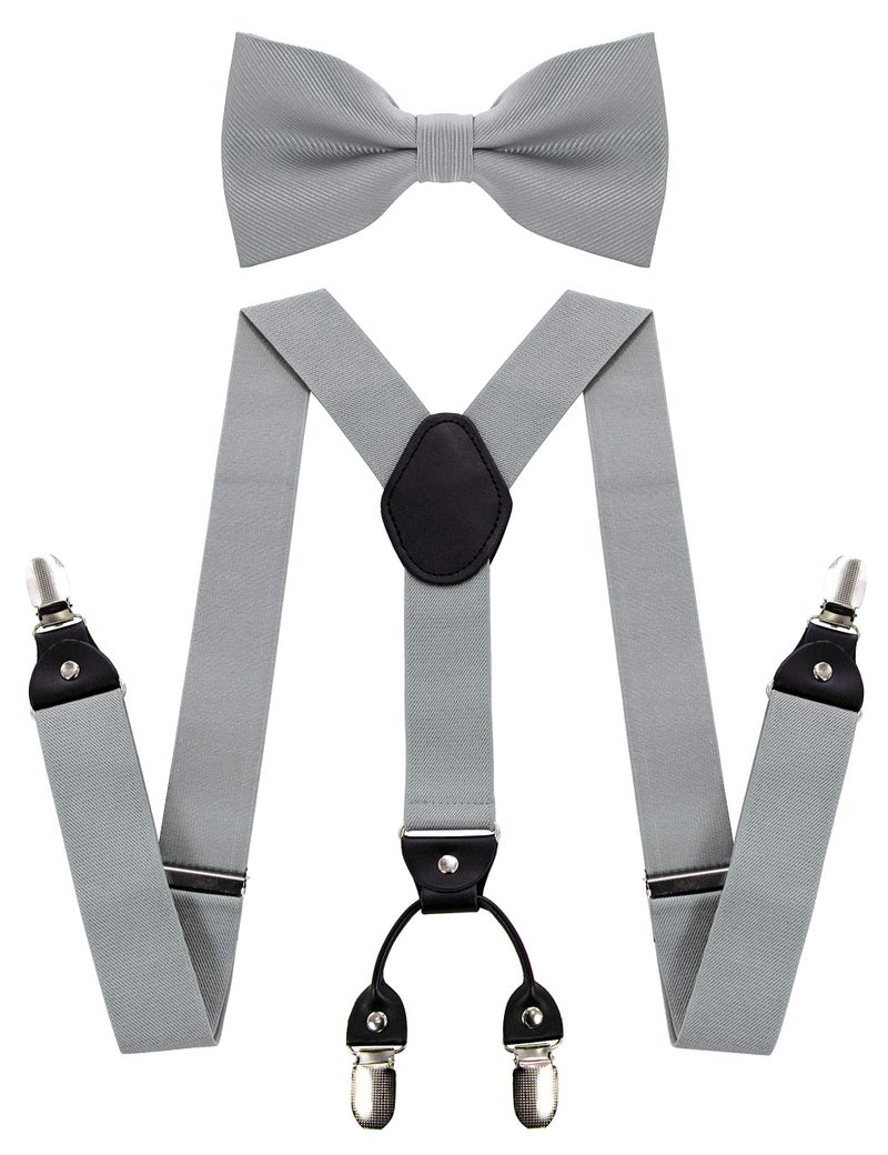 JEMYGINS Silver Suspender and Silk Bow Tie Sets for Men (Silver) - Image 1